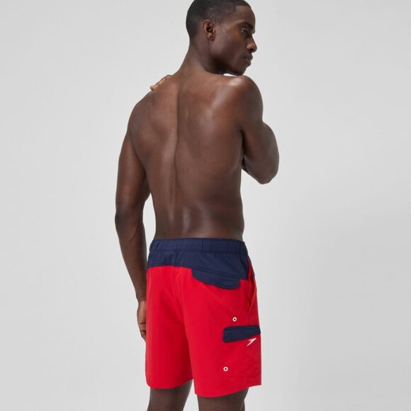 Speedo Mens Marina Flex 6.5"  red/Blue Swim Trunks, Size Large w/ pockets - Picture 6 of 7